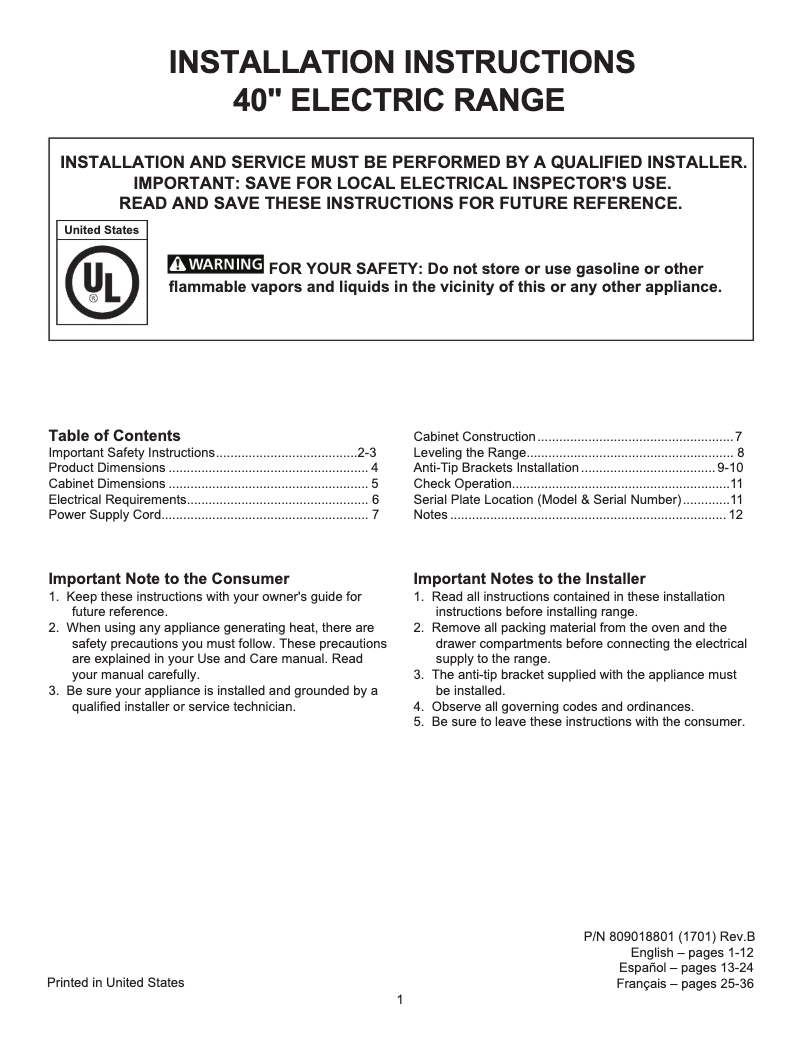 Page 1 de la notice Guide d'installation Frigidaire FGEF4085TS