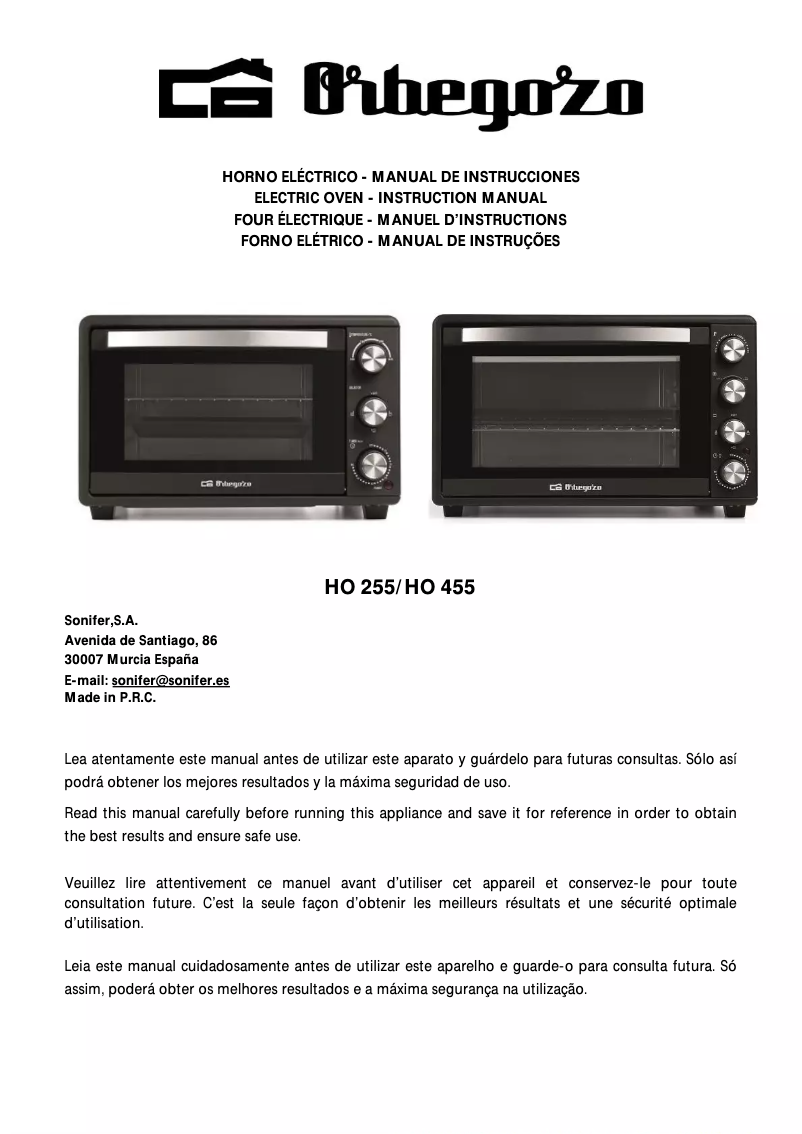 Page 1 de la notice Manuel utilisateur Orbegozo HO 455