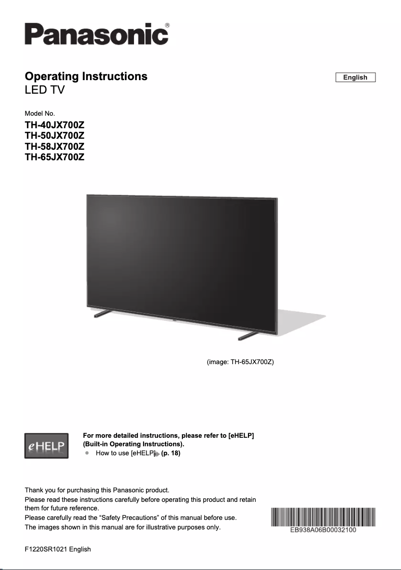 Page 1 de la notice Manuel utilisateur Panasonic TH-65JX700Z
