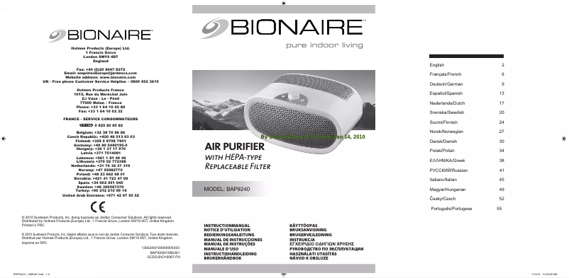 Page 1 de la notice Manuel utilisateur Bionaire BAP9240