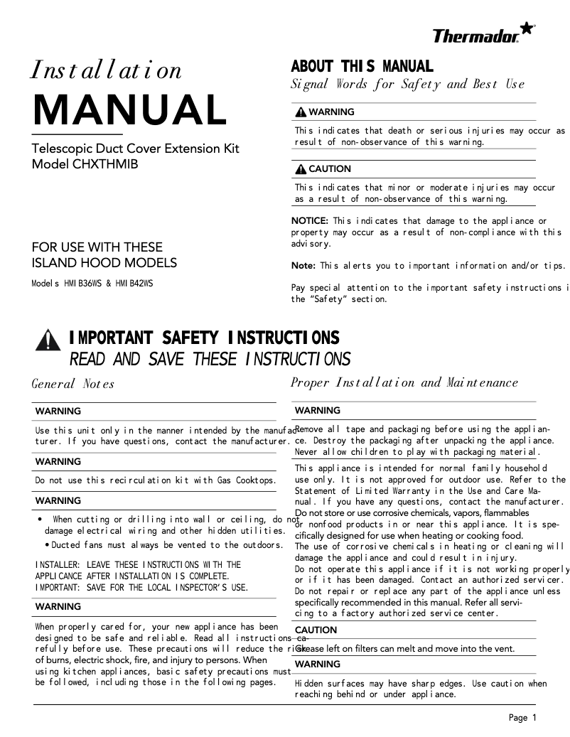 Page 1 de la notice Guide d'installation Thermador CHXTHMIB