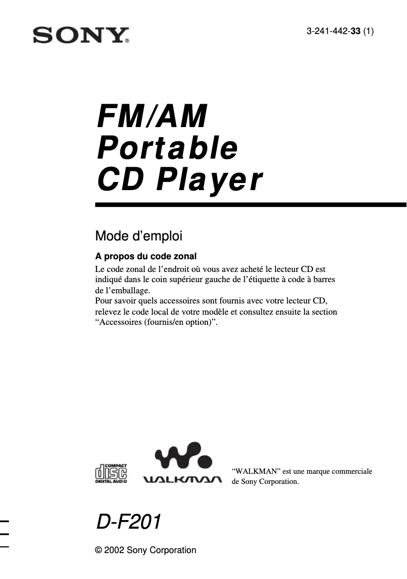 Page 1 de la notice Manuel utilisateur Sony D-F201