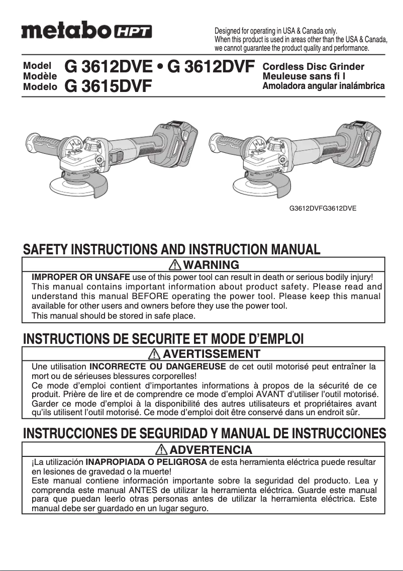 Page 1 de la notice Manuel utilisateur HiKOKI G3612DVE