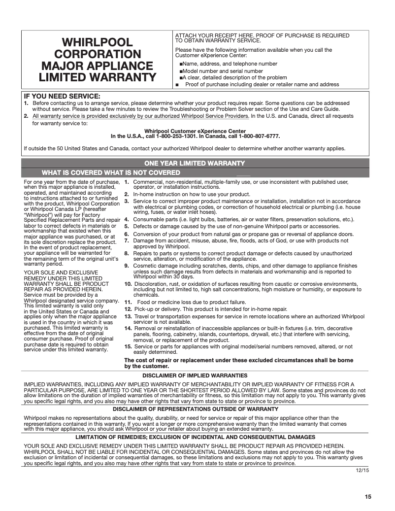 Page 1 de la notice Informations de garantie Whirlpool WVW53UC0HV