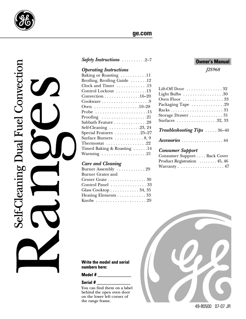 Page n°1 - Manuel d'utilisation et d'entretien GE J2S968SHSS