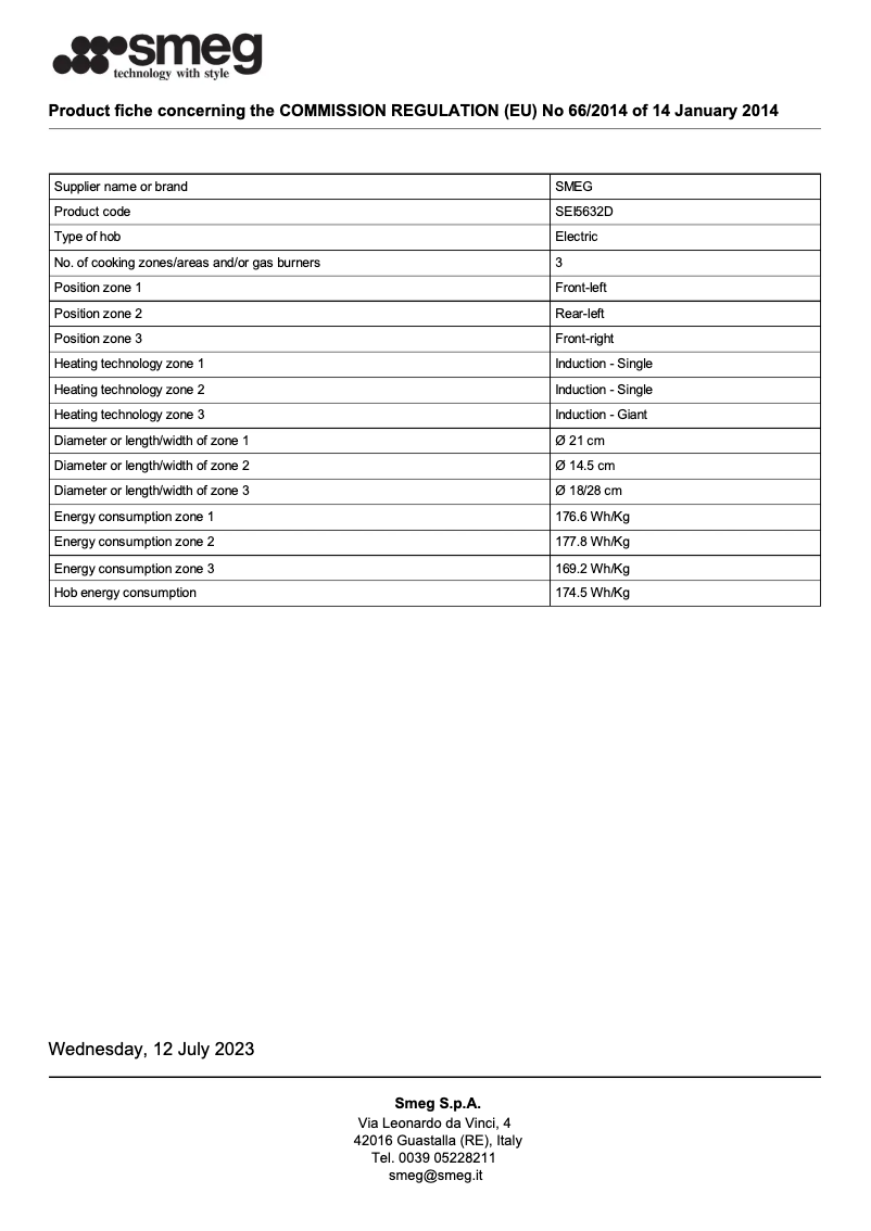Page 1 de la notice Fiche technique Smeg SEI5632D