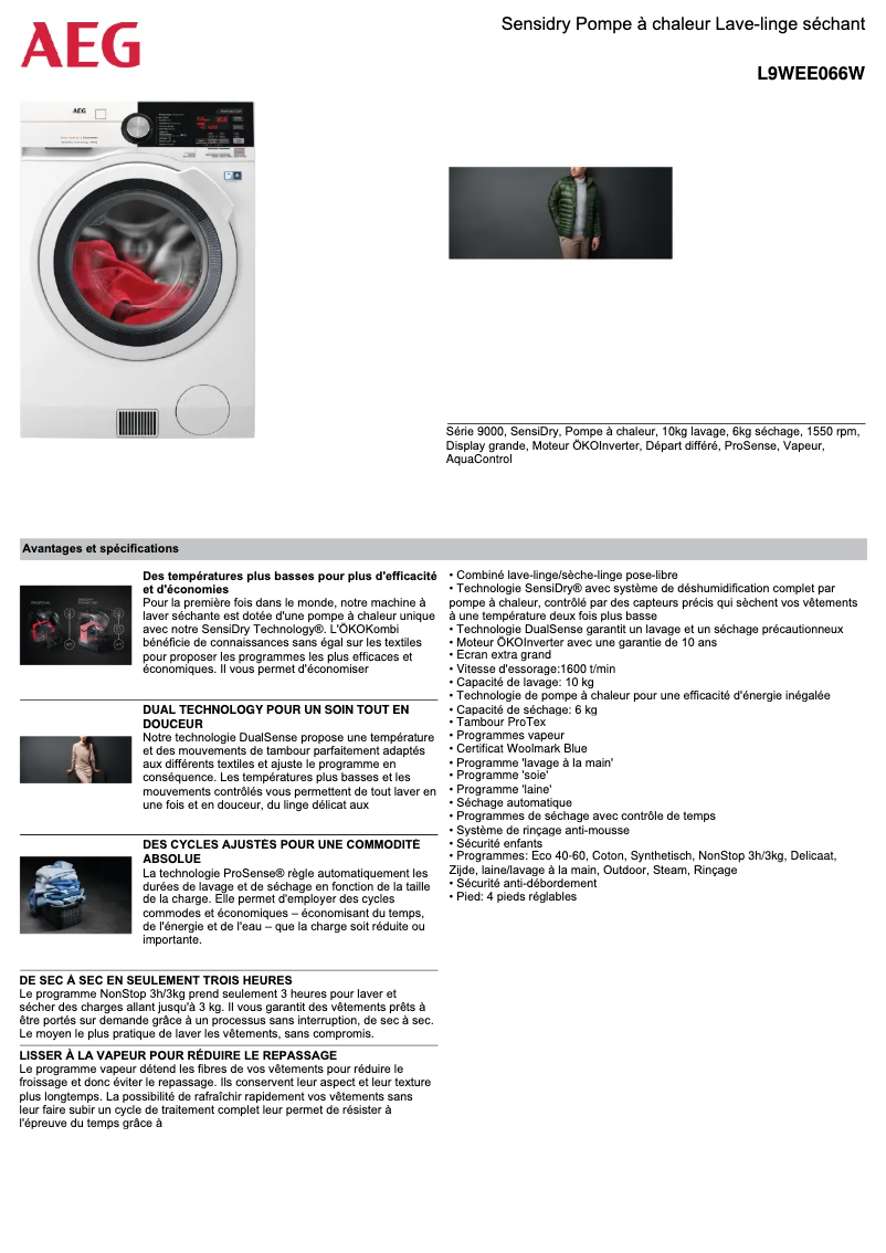 Page 1 de la notice Fiche technique AEG L9WEE066W