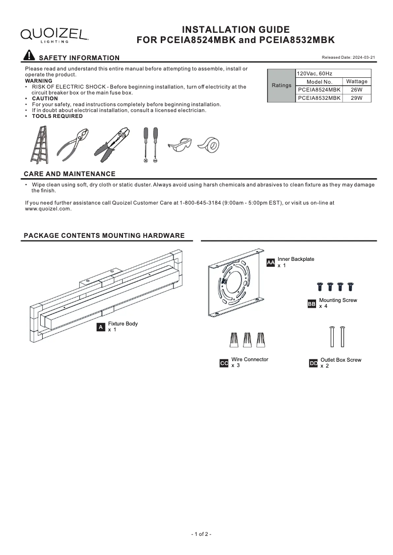 Page 1 de la notice Manuel utilisateur Quoizel Elias PCEIA8524MBK