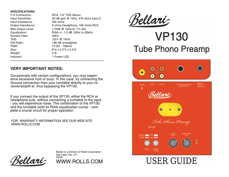 Page 1 de la notice Manuel utilisateur Music Hall VP130