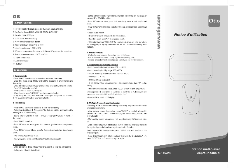 Page 1 de la notice Manuel utilisateur Otio S606