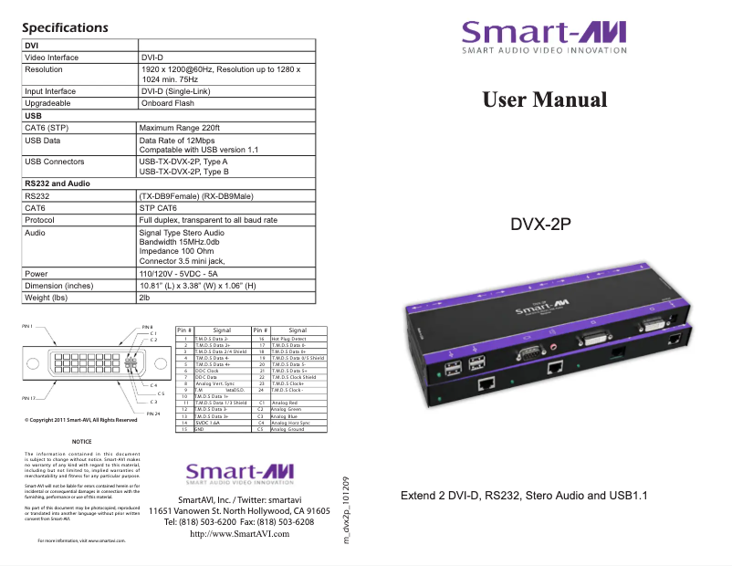 Page 1 de la notice Manuel utilisateur Smart-AVI DVX-2P-TXS