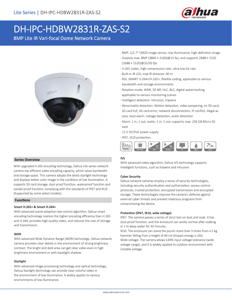 Page 1 de la notice Fiche technique Dahua Technology IPC-HDBW2831R-ZAS-S2