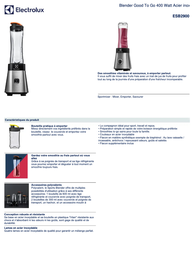 Page 1 de la notice Fiche technique Electrolux ESB2900