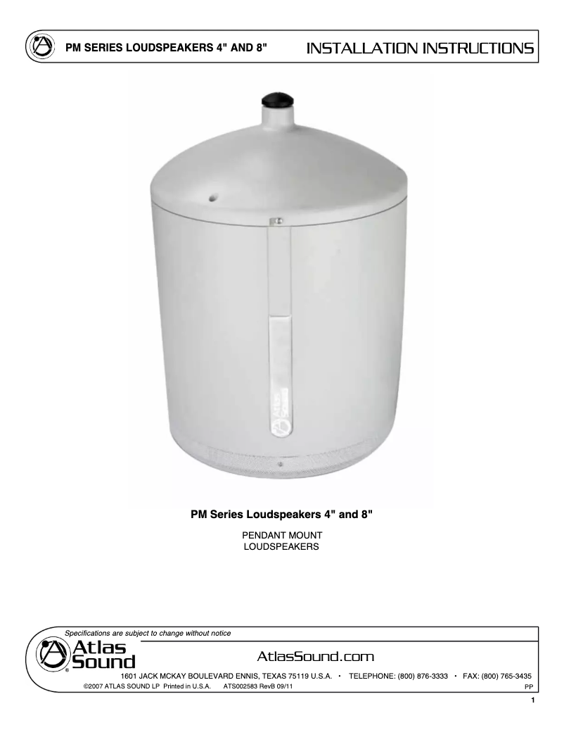 Page 1 de la notice Manuel utilisateur Atlas Sound PM8SUB