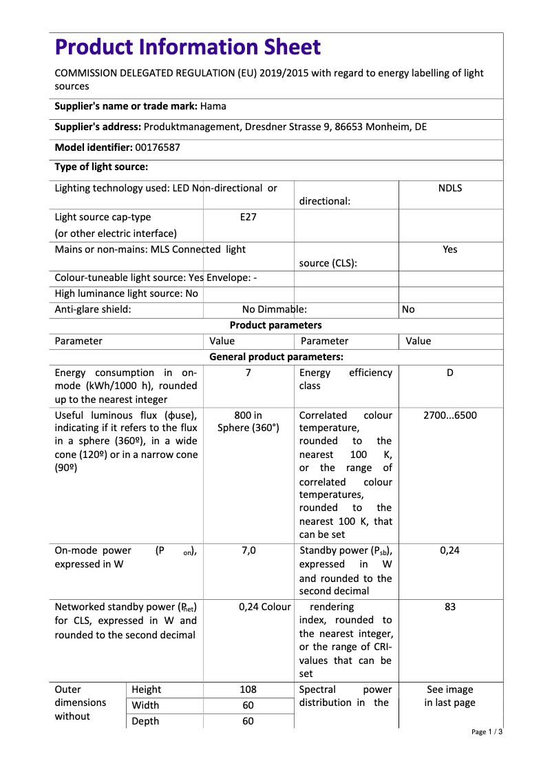Page 1 de la notice Fiche technique Hama 00176587