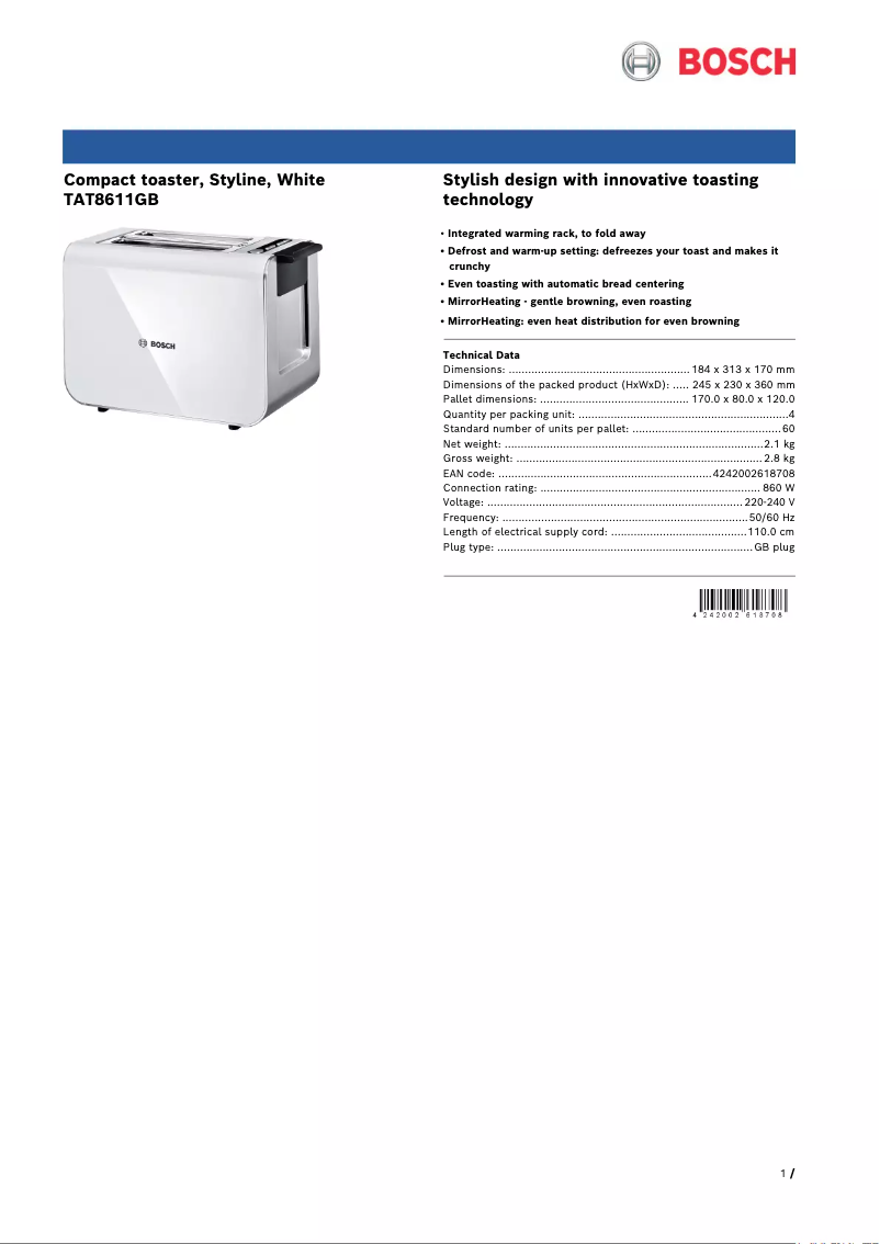 Page 1 of the manual Technical Sheet Bosch TAT8611GB