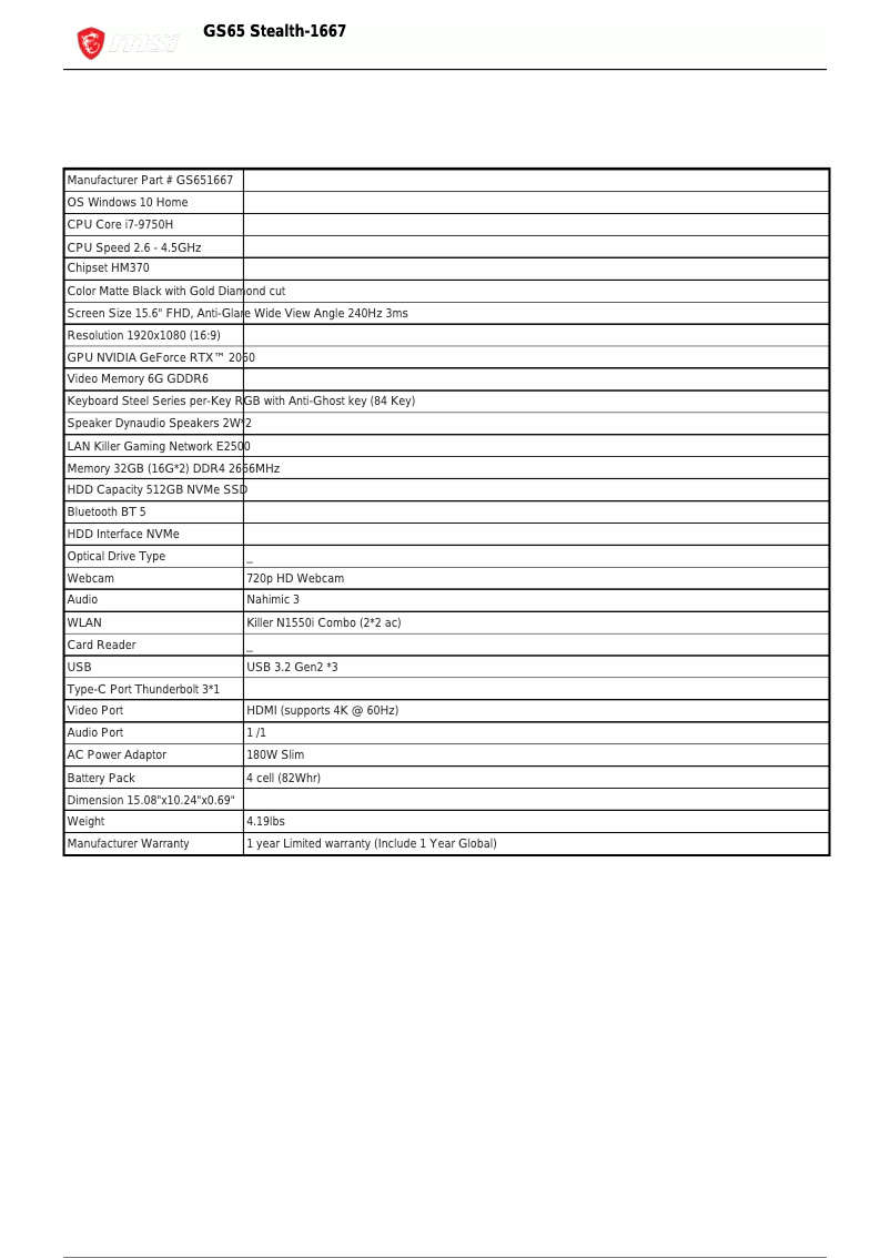 Image de la première page du manuel de l'appareil GS65 Stealth