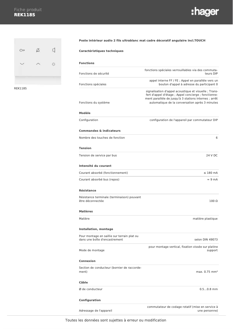 Page 1 de la notice Fiche technique Elcom REK118S