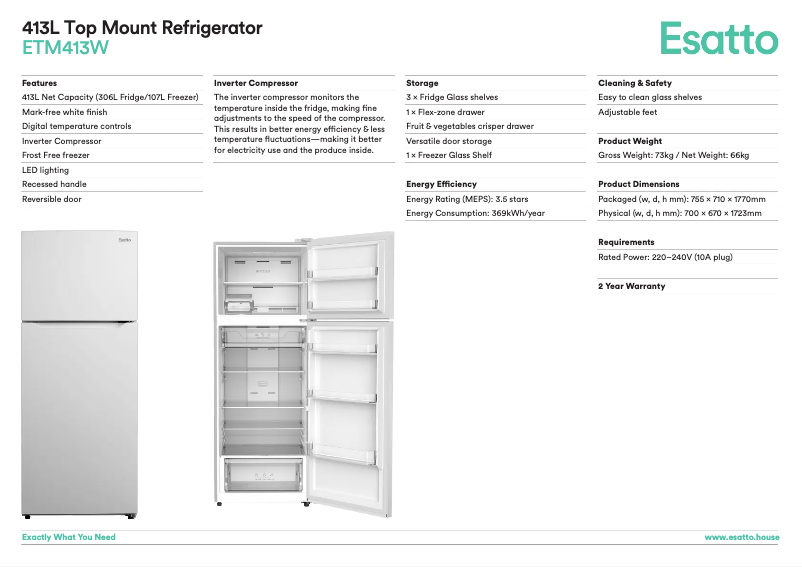Página 1 del manual Ficha técnica Esatto ETM413W