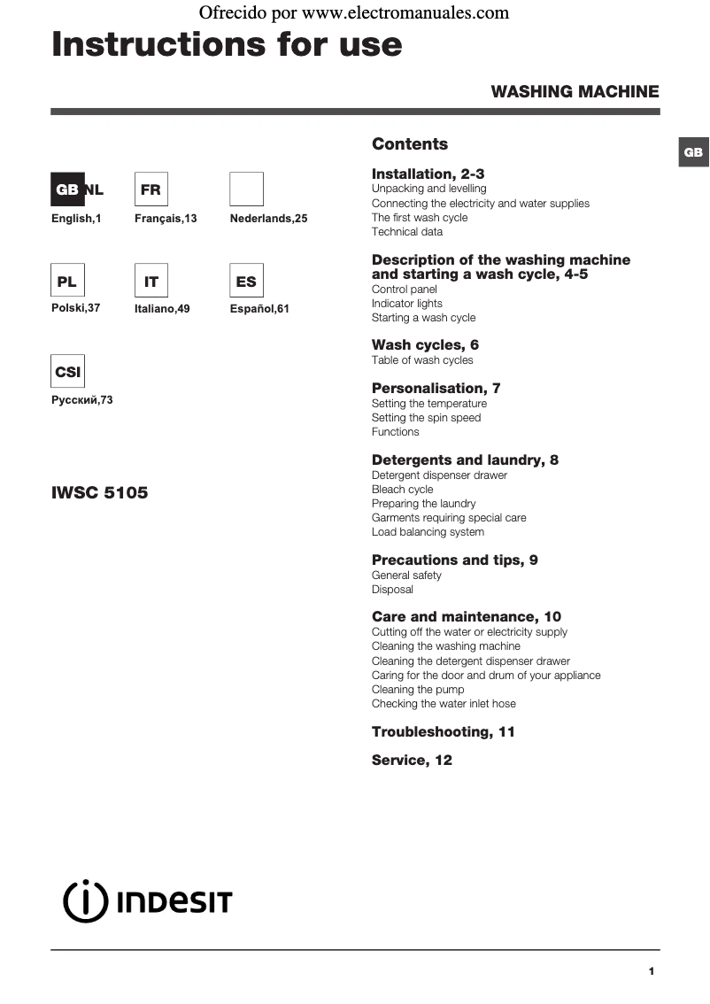 Página 1 del manual Manual de usuario Indesit IWSB 5105