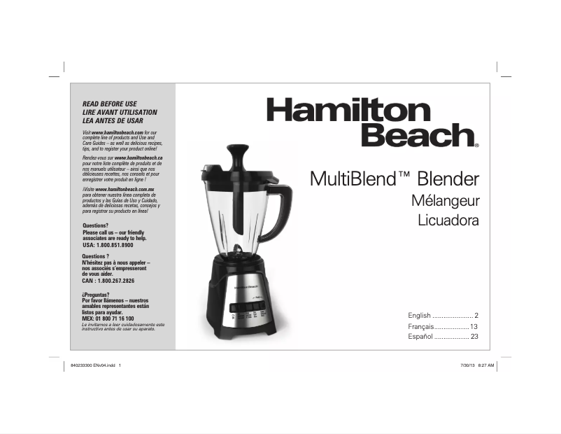 Page n°1 - Manuel utilisateur Hamilton Beach MultiBlend 58158