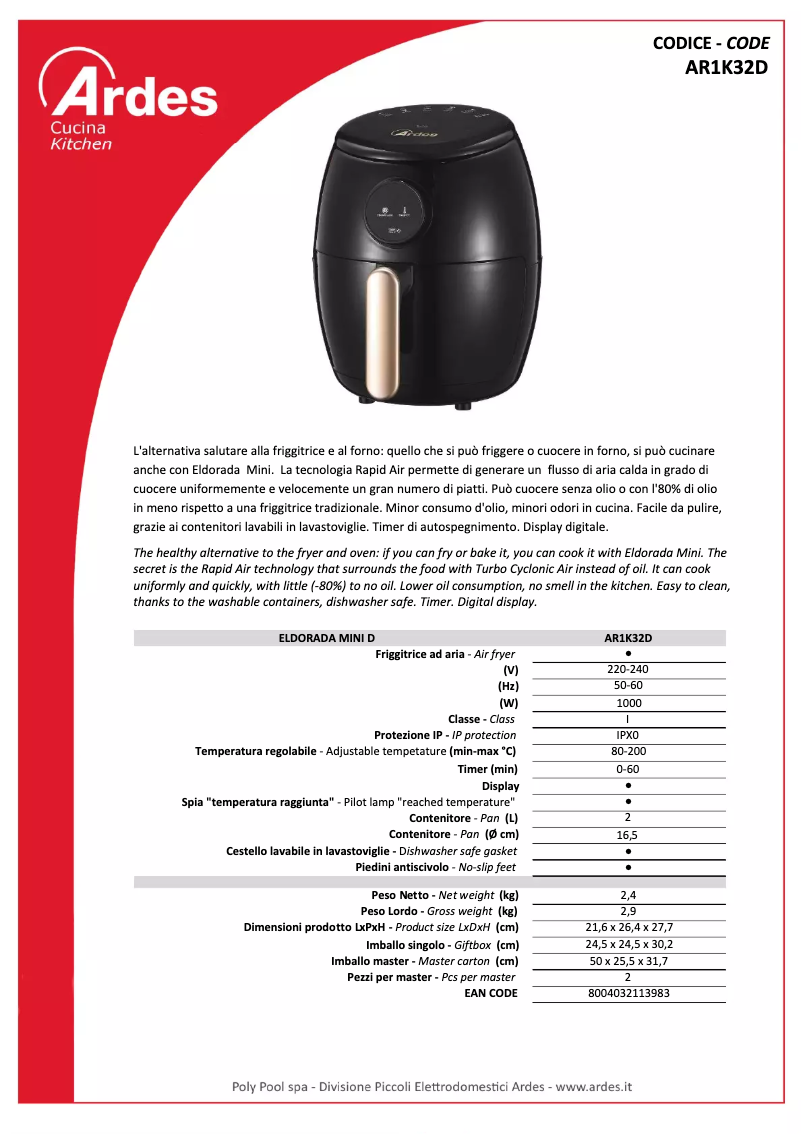 Page n°1 - Fiche technique Ardes Eldorada Mini AR1K32
