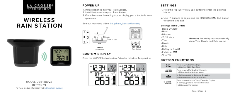 Page n°1 - Guide de démarrage rapide La Crosse Technology 724-1409V2