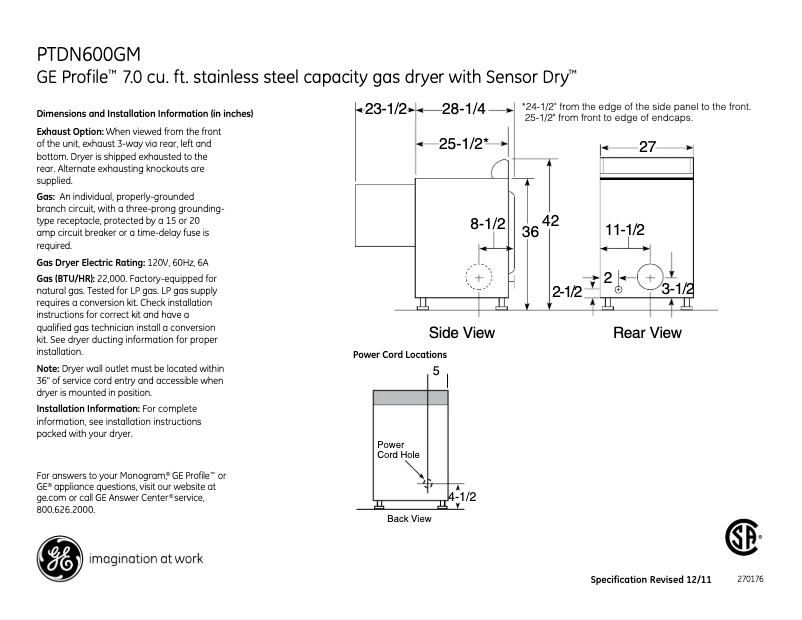 Page n°1 - Fiche technique GE Profile PTDN600GMWT