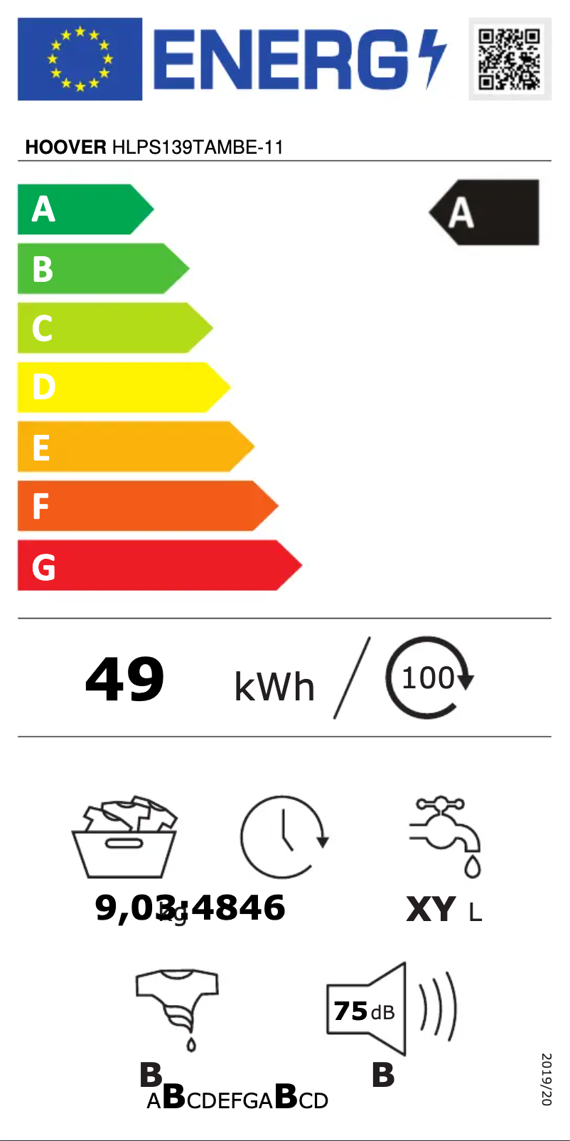 Página 1 del manual Etiqueta energética Hoover HLPS139TAMBE-11