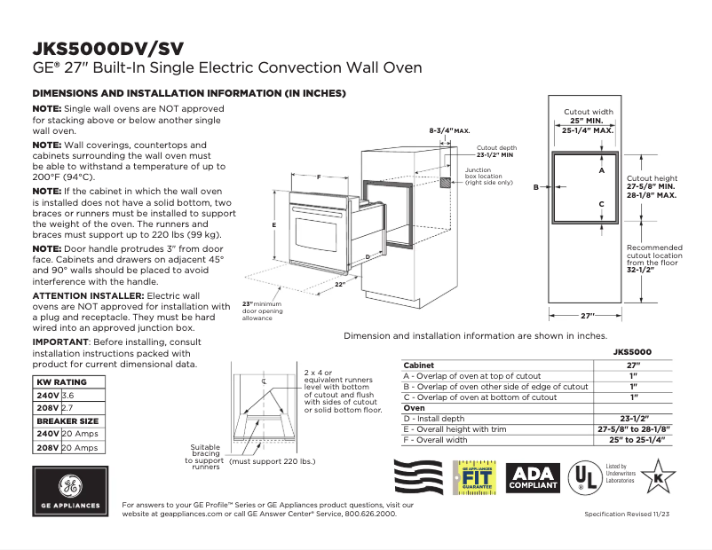 Page 1 de la notice Fiche technique GE JKS5000DVBB