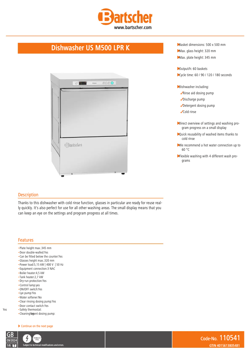 Página 1 del manual Ficha técnica Bartscher US M500 LPR K