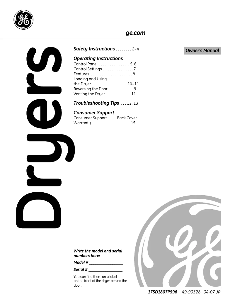 Page 1 de la notice Manuel d'utilisation et d'entretien GE DWSR463EGWW