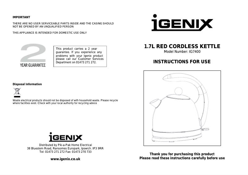 Page n°1 - Manuel utilisateur Igenix IG7400