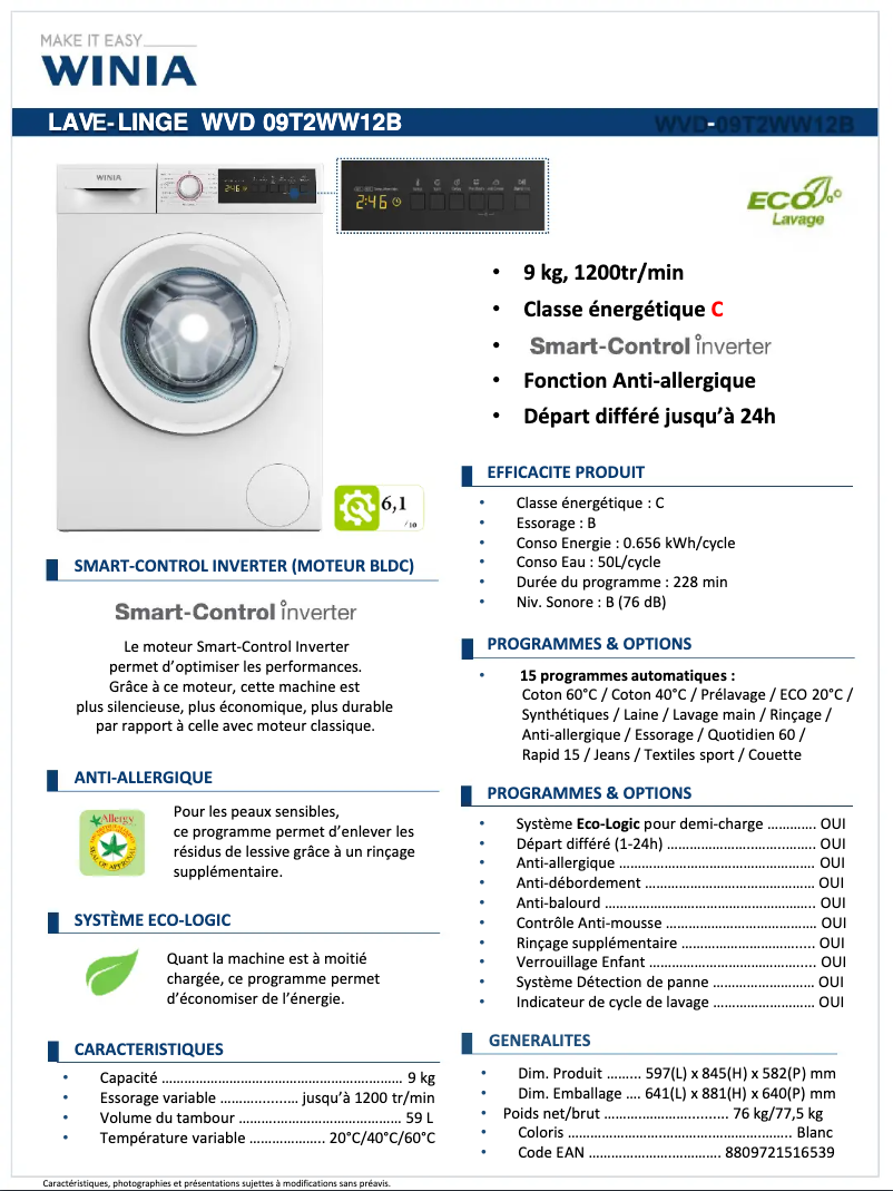 Page 1 de la notice Manuel utilisateur Winia WVD-09T2WW12B