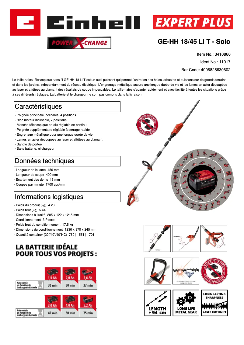 Page n°1 - Fiche technique Einhell GE-HH 18/45 Li T-Solo