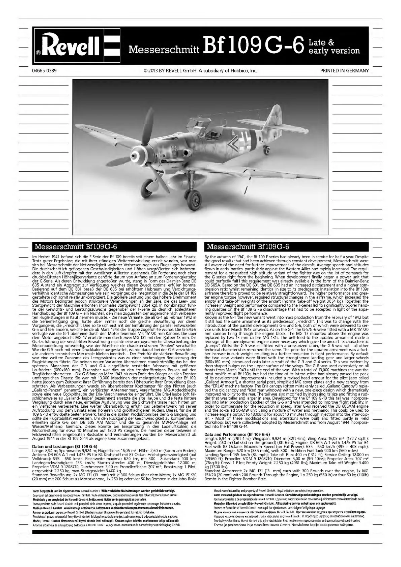 Page 1 de la notice Manuel utilisateur Revell Messerschmitt Bf109 G-6 Late & early version