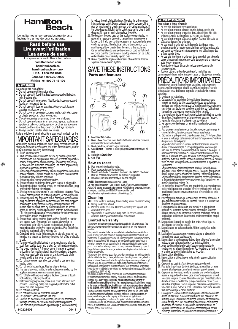 Page 1 de la notice Manuel utilisateur Hamilton Beach 24614Z