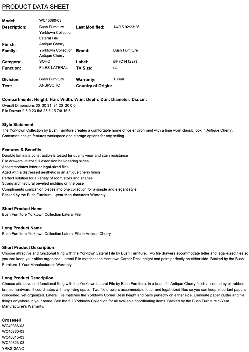 Page 1 de la notice Fiche technique Bush Yorktown WC40380-03