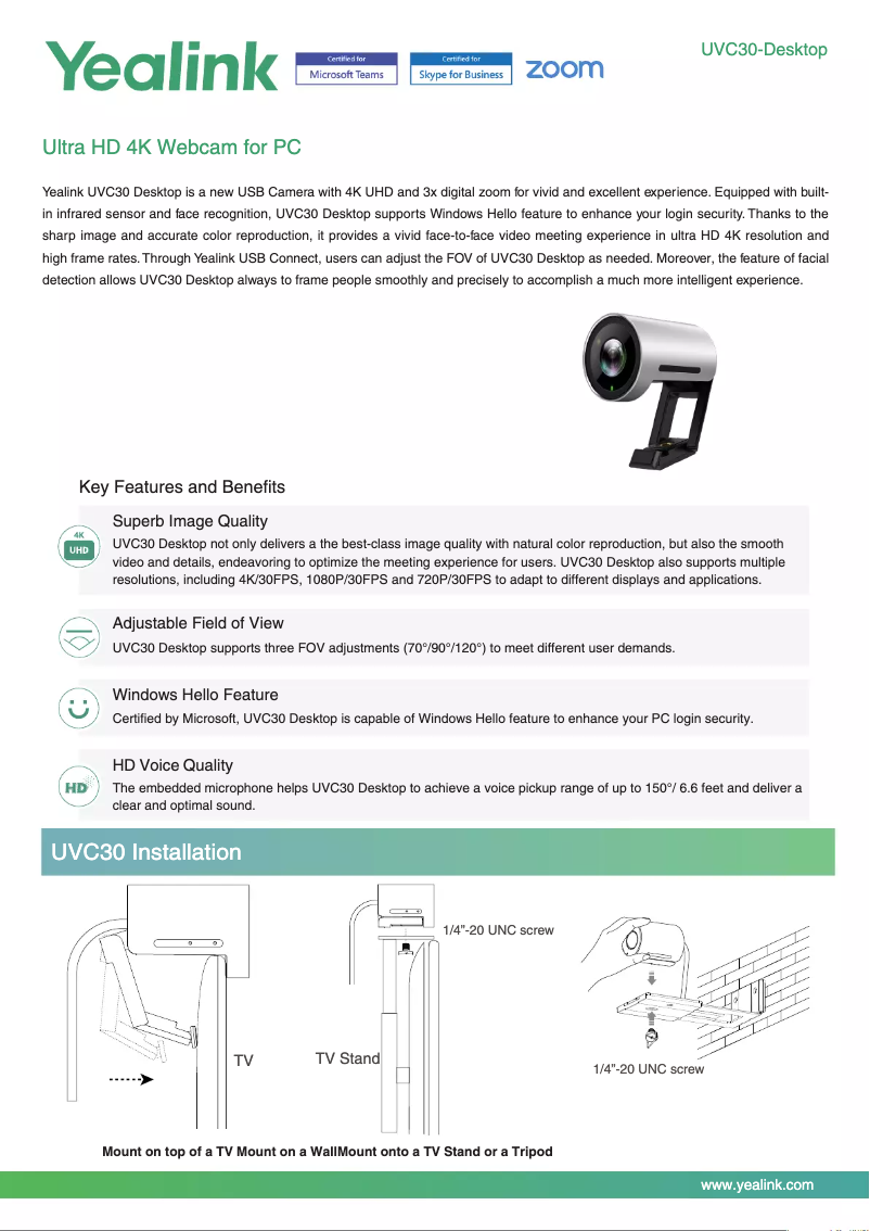 Page 1 de la notice Fiche technique Yealink UVC30-Desktop