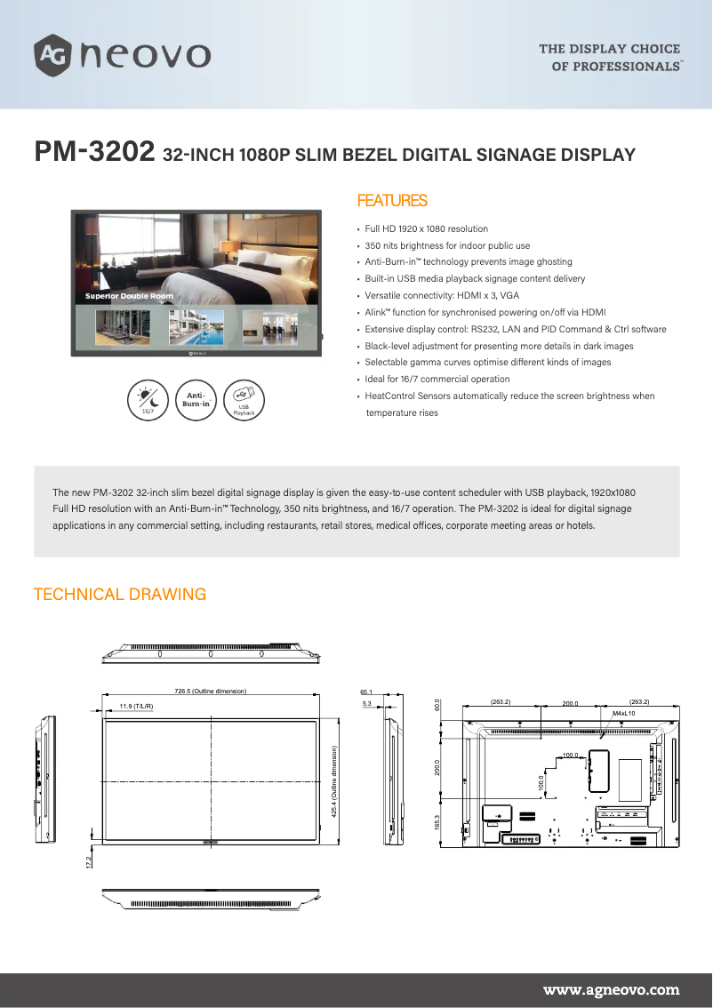 Page 1 de la notice Fiche technique AG Neovo PM-3202
