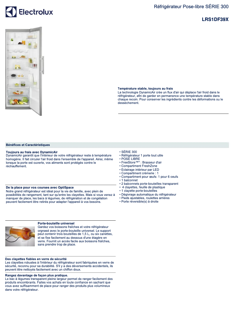 Page 1 de la notice Fiche technique Electrolux LRS1DF39X