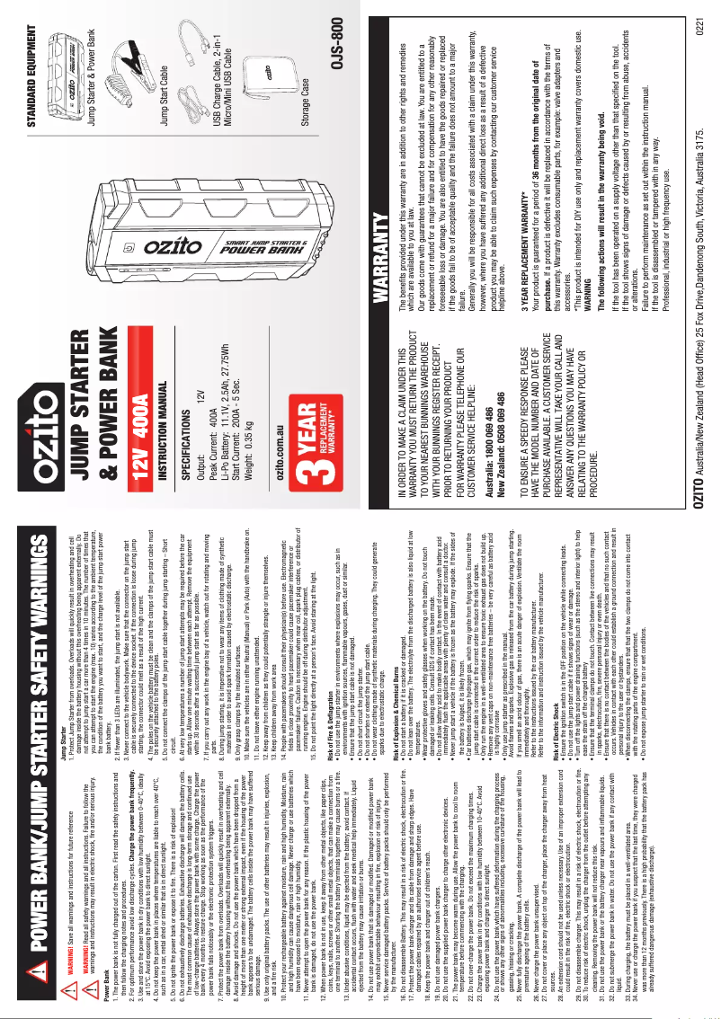 Page 1 de la notice Manuel utilisateur Ozito OJS-800