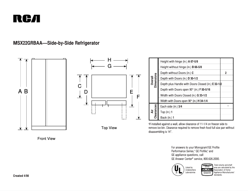Page 1 de la notice Fiche technique RCA MSX22GRBAA