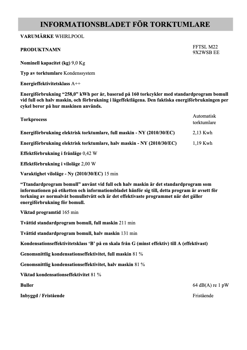 Página 1 del manual Etiqueta energética Whirlpool FFTSL M22 9X2WSB EE