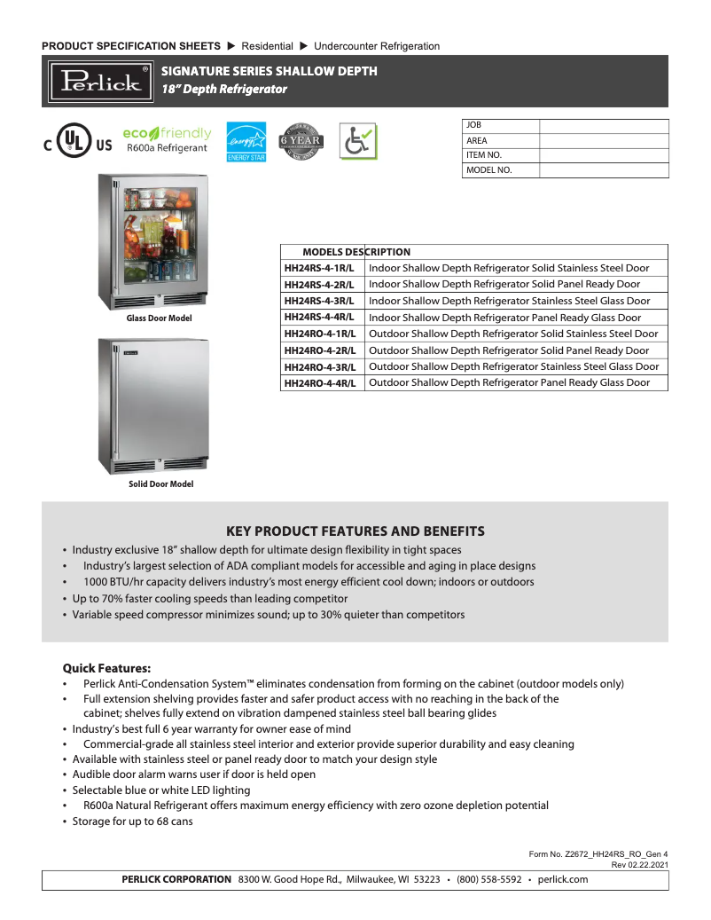 Page 1 de la notice Fiche technique Perlick HH24RS-4-3L