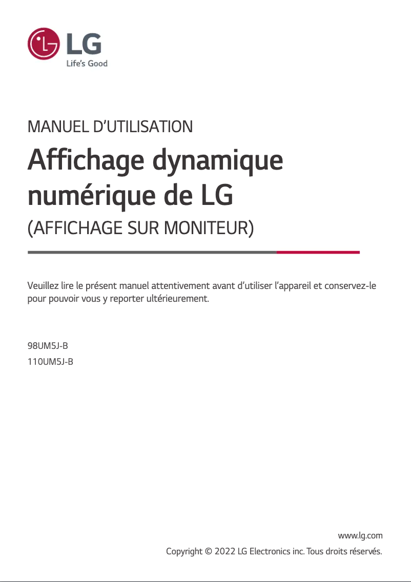 Page 1 de la notice Manuel utilisateur LG 110UM5J