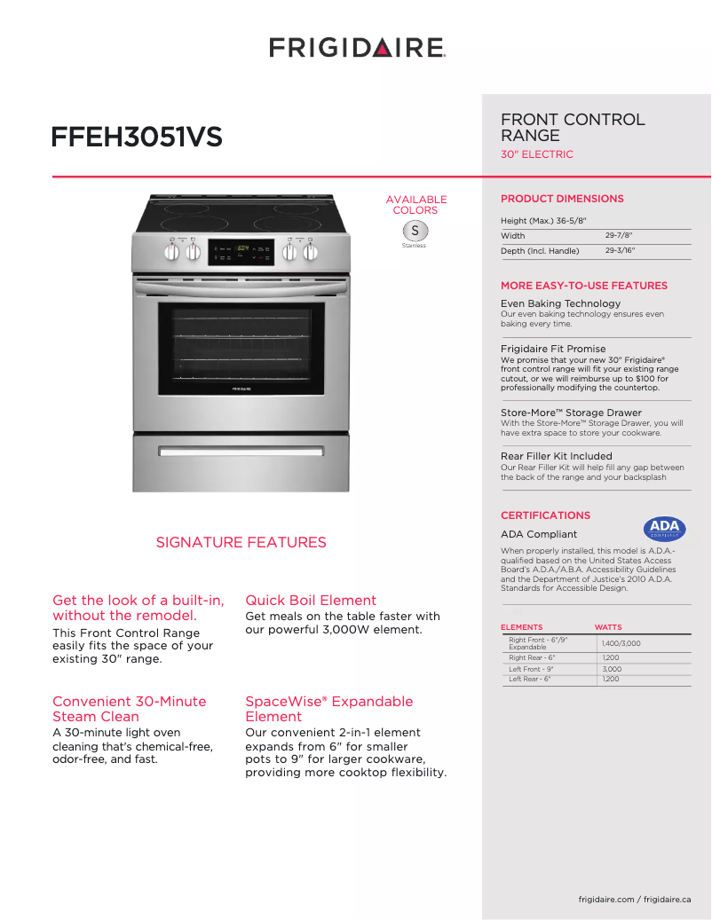 Page n°1 - Fiche technique Frigidaire FFEH3051VS