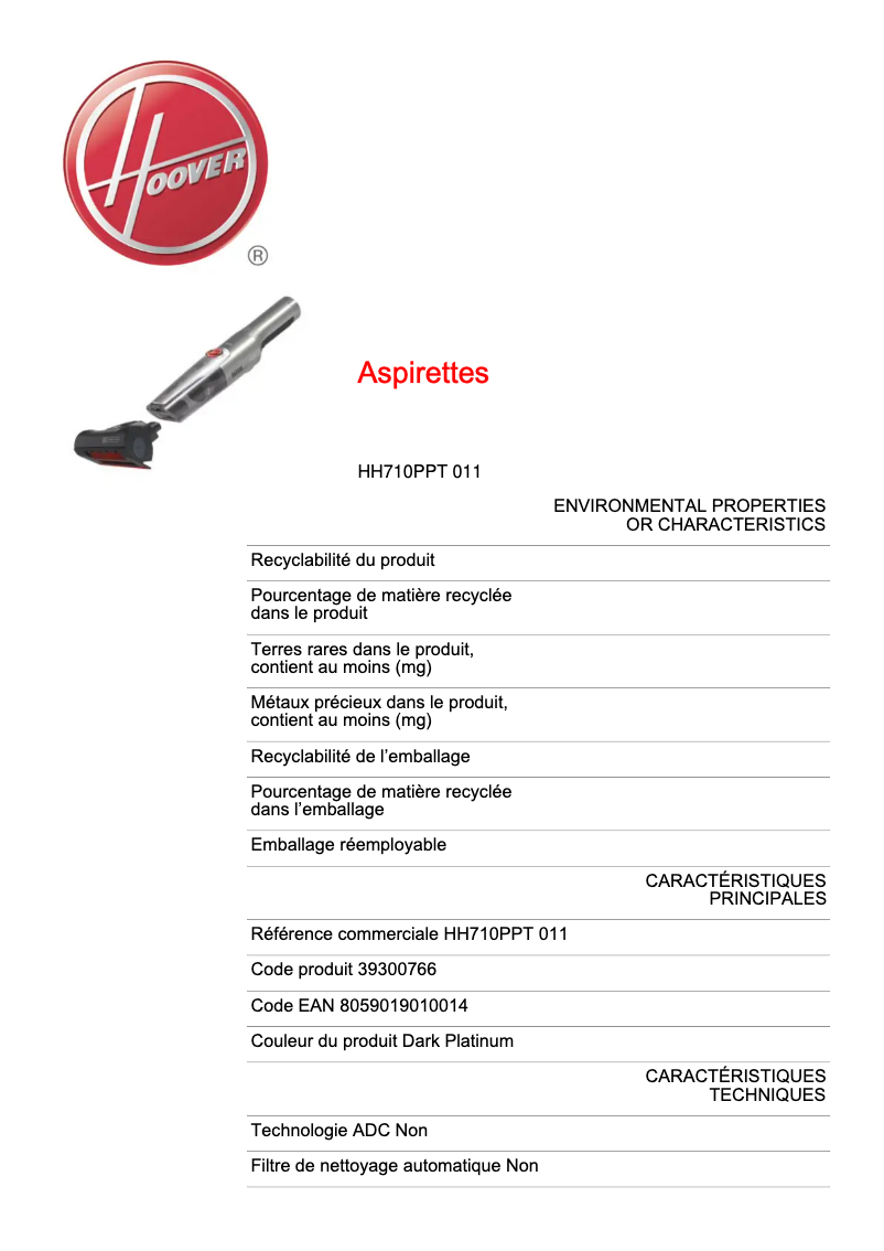Page 1 de la notice Fiche technique Hoover H-HANDY 700 PETS