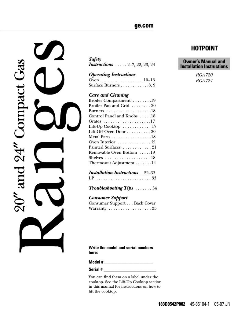 Page 1 de la notice Guide d'installation Hotpoint RGA724PKWH