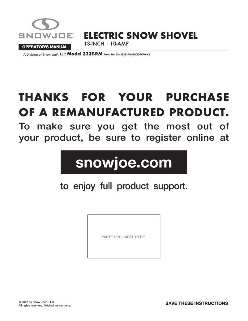 Page 1 de la notice Manuel utilisateur Snow Joe 323E-RM
